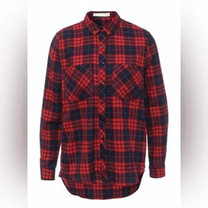 Coconut Woman L Plaid Button Down Shirt Red Navy Blue Checked